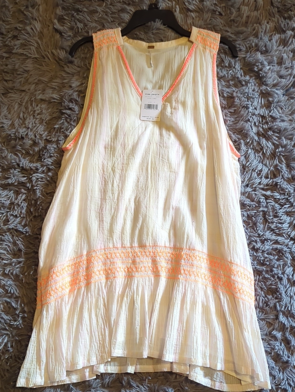 Free People Light Cream Tiered Dresswith Neon Peach Embroidered Trim.
